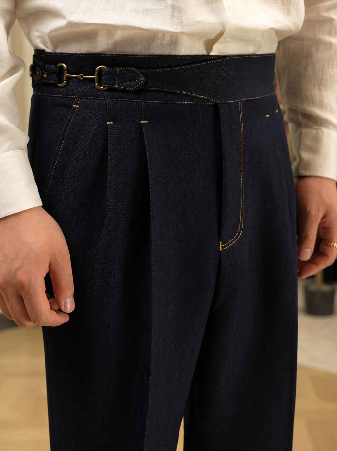 Vintage Side Buckle Adjustable Waist Double-Pleated Gurkha Pant