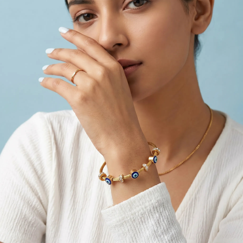 Evil Eye Cable Bangle – 18K Gold Plated