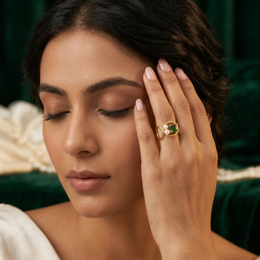 Emerald & Pearl Open Ring – 18K Gold Plated