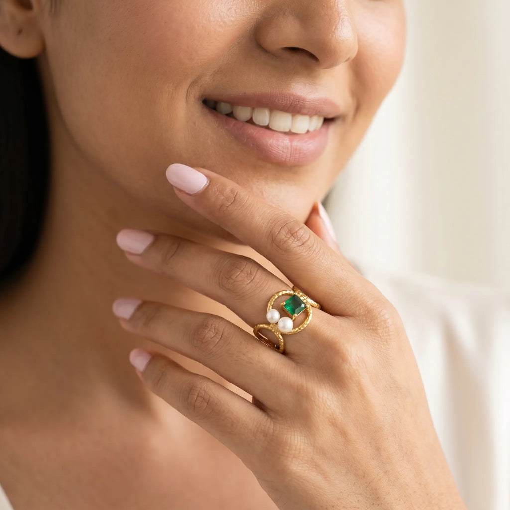 Emerald & Pearl Open Ring – 18K Gold Plated