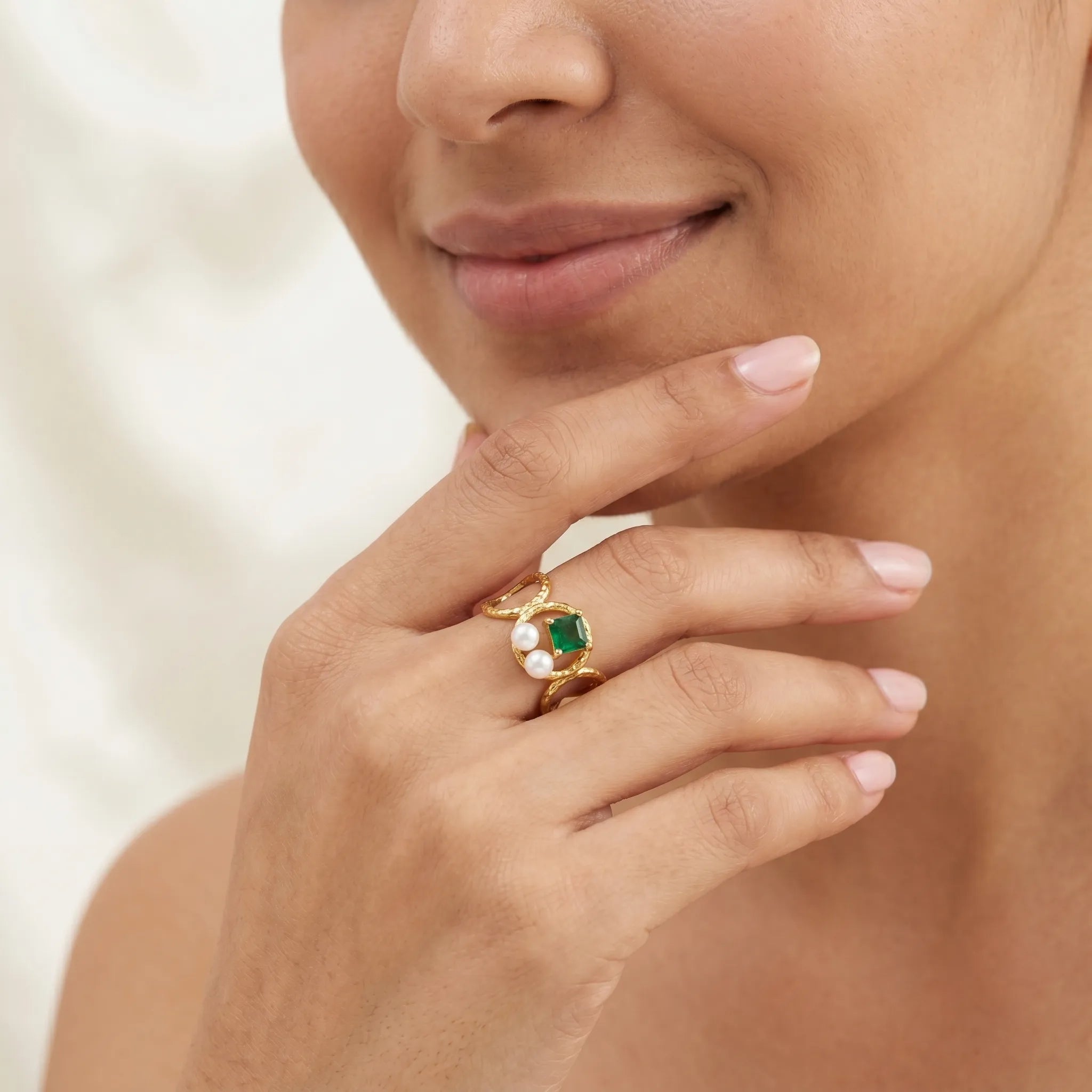Emerald & Pearl Open Ring – 18K Gold Plated