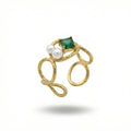 Emerald & Pearl Open Ring – 18K Gold Plated