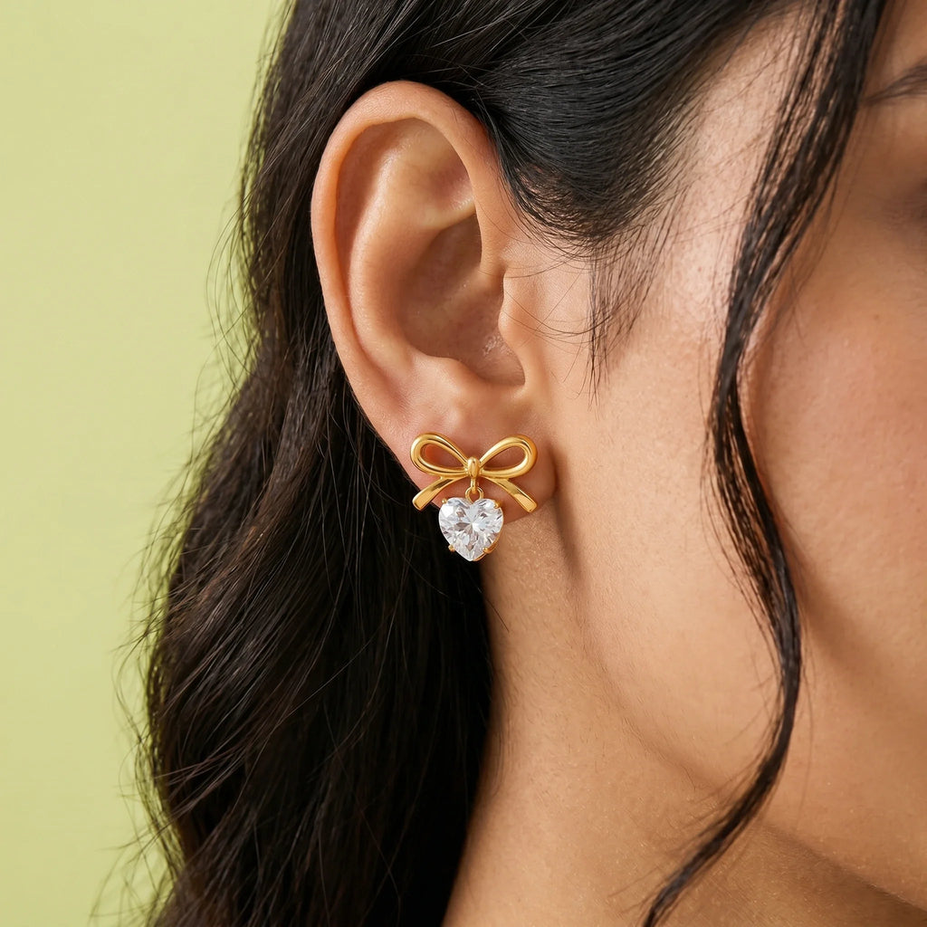 Gold Bow Heart Crystal Stud Earrings – 18K PVD Gold Plated