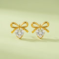 Gold Bow Heart Crystal Stud Earrings – 18K PVD Gold Plated