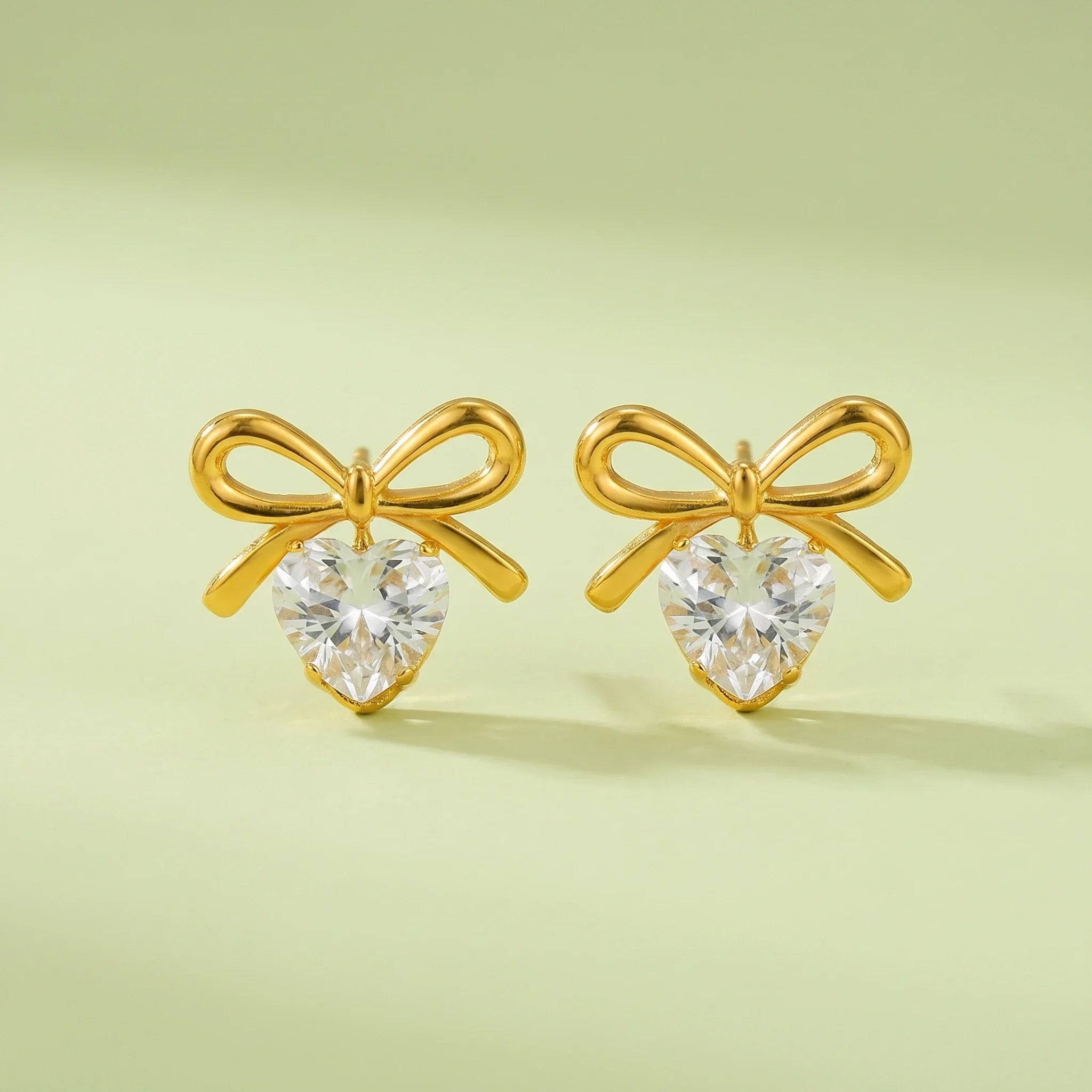 Gold Bow Heart Crystal Stud Earrings – 18K PVD Gold Plated