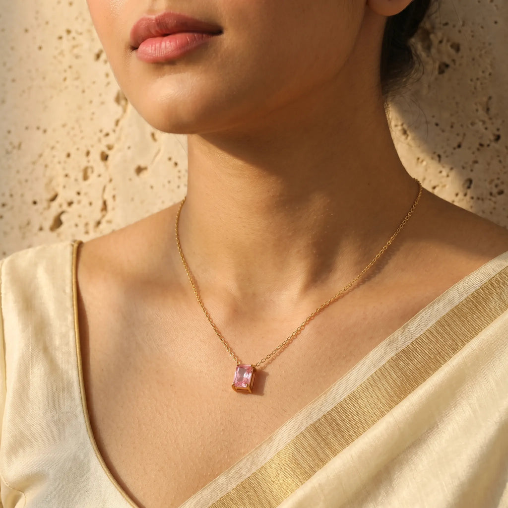 Pink Baguette Solitaire Pendant Necklace – 18K PVD Gold Plated