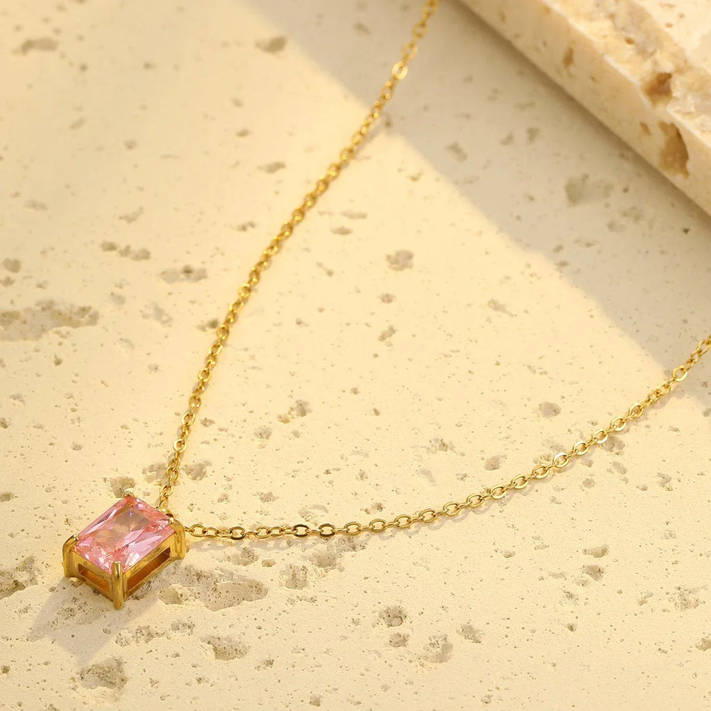 Pink Baguette Solitaire Pendant Necklace – 18K PVD Gold Plated