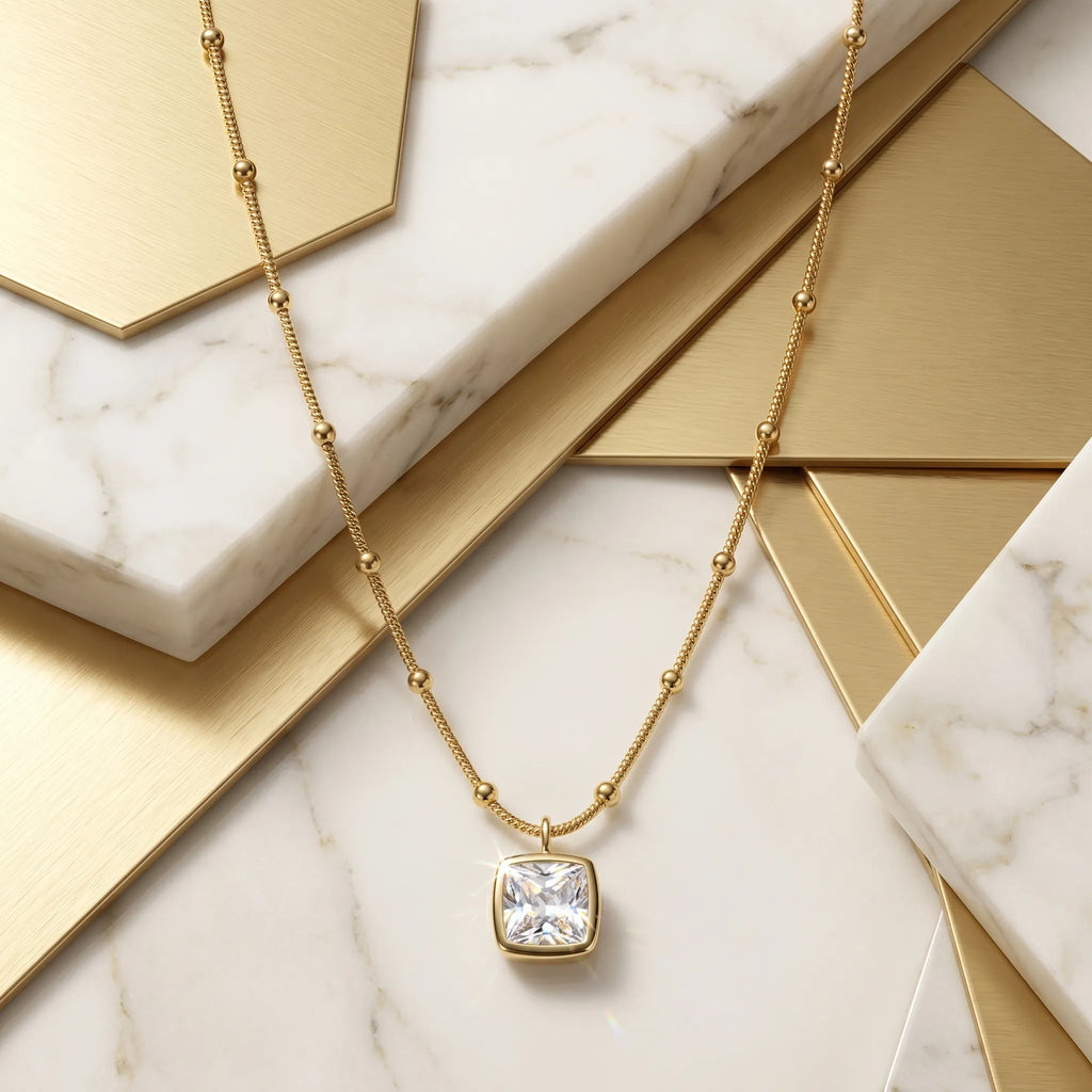 Square Crystal Necklace – 18K Gold Plated