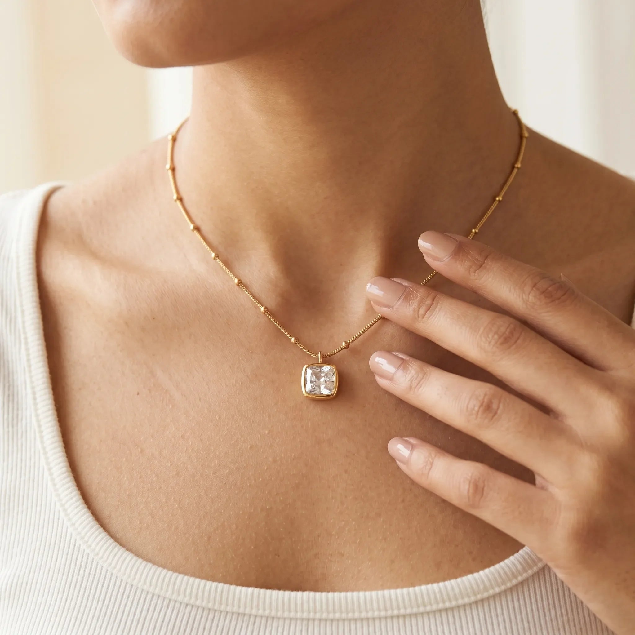 Square Crystal Necklace – 18K Gold Plated