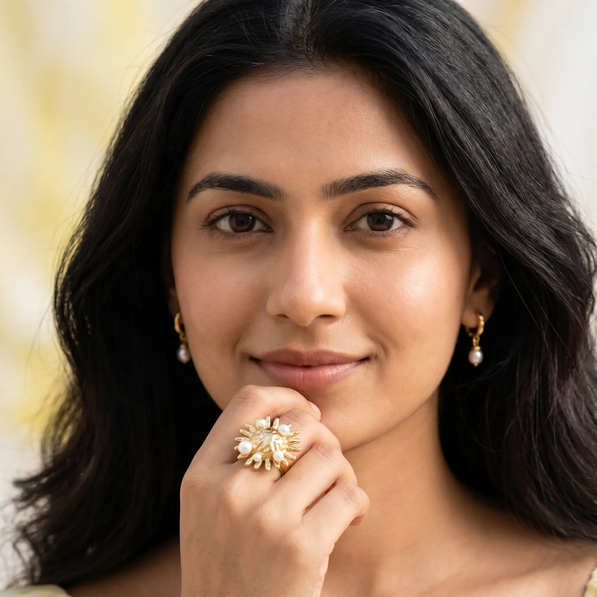 Sunburst Pearl Statement Ring - 18K Gold Plated Adjustable