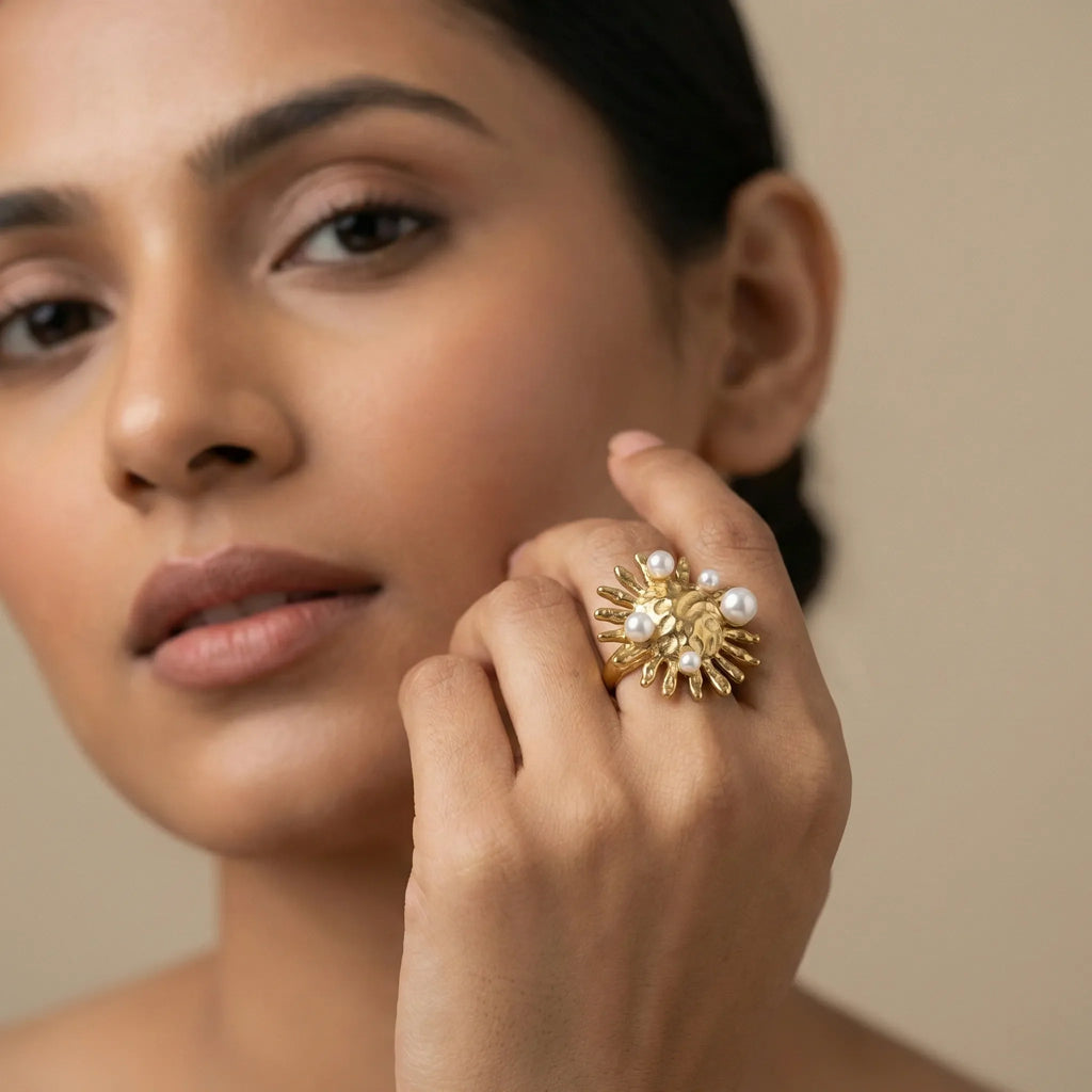 Sunburst Pearl Statement Ring - 18K Gold Plated Adjustable