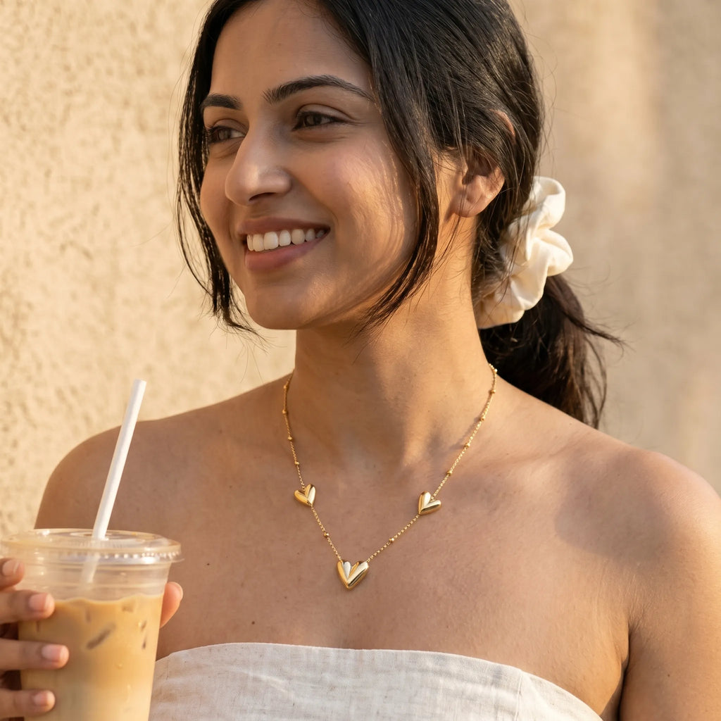 Triple Puff Heart Necklace – 18K Gold Plated