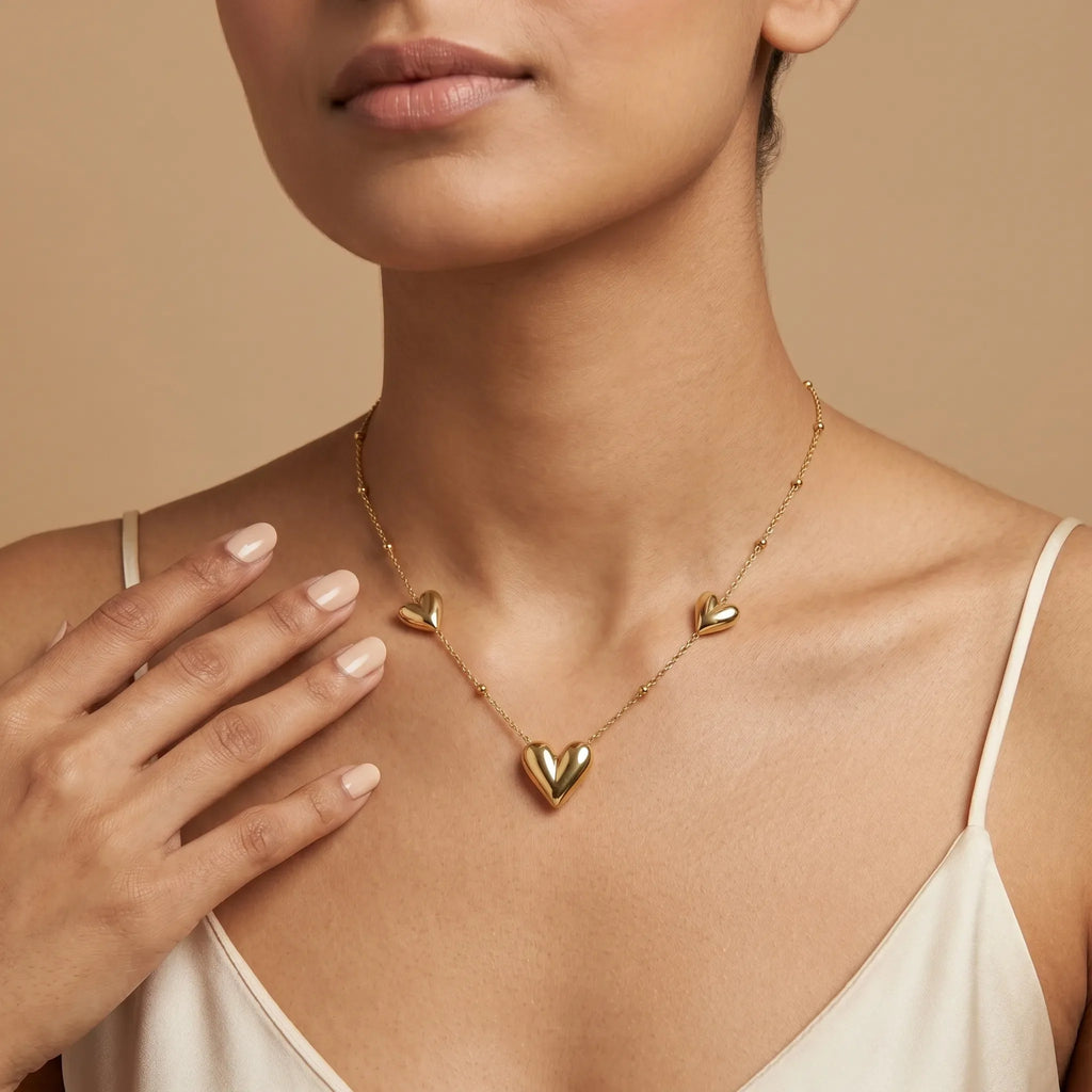 Triple Puff Heart Necklace – 18K Gold Plated